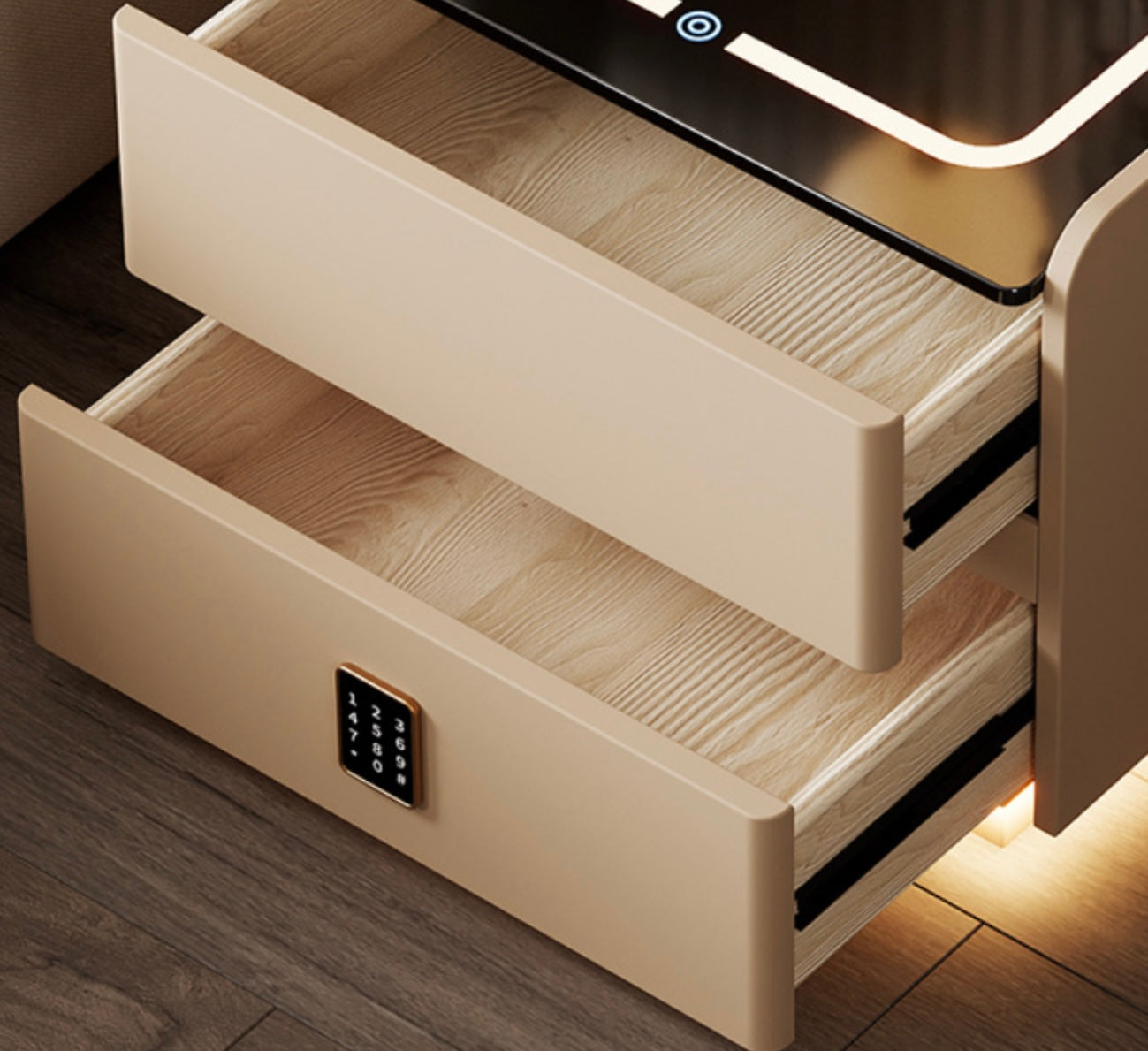 Luxus Smart-Nachttisch mit LED-Beleuchtung, Wireless Charging, Bluetooth-Lautsprecher & Zahlenschloss