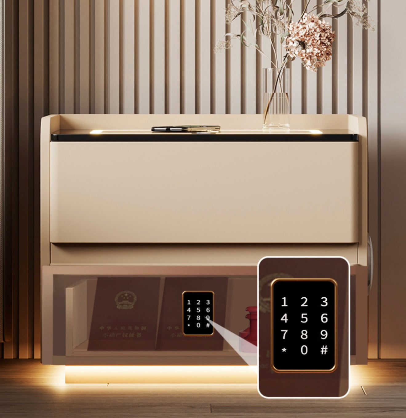 Luxus Smart-Nachttisch mit LED-Beleuchtung, Wireless Charging, Bluetooth-Lautsprecher & Zahlenschloss