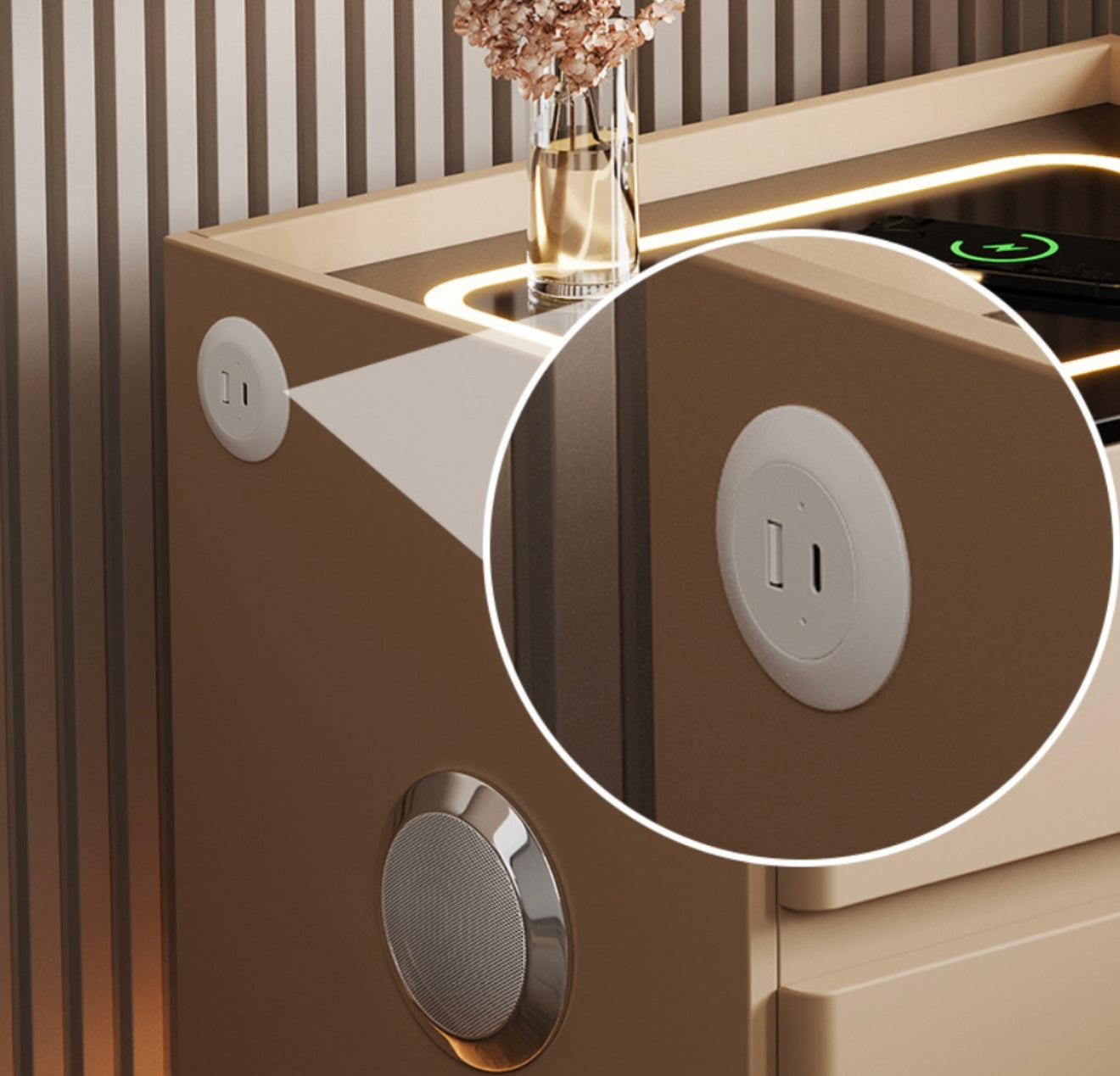 Luxus Smart-Nachttisch mit LED-Beleuchtung, Wireless Charging, Bluetooth-Lautsprecher & Zahlenschloss